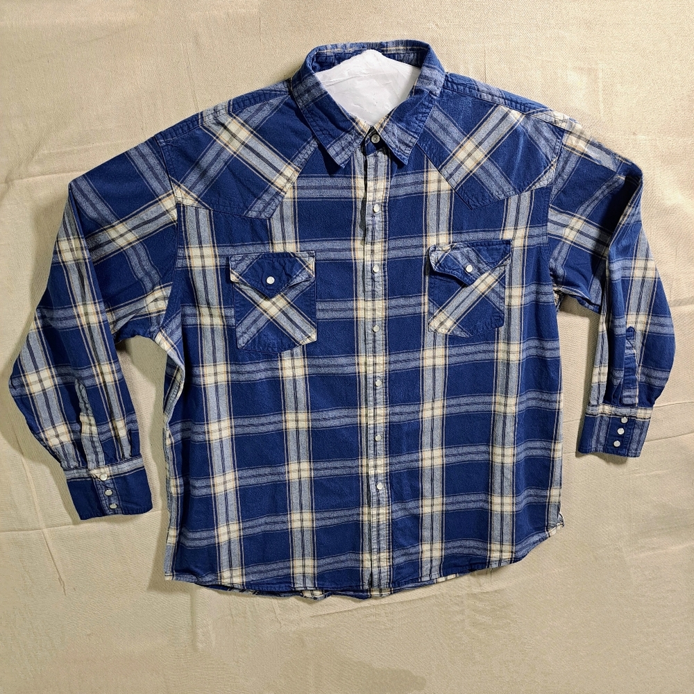 Ely Cattleman Vtg Men XL Blue Plaid Western Cowboy Snap Front Long Sleeve Shirt